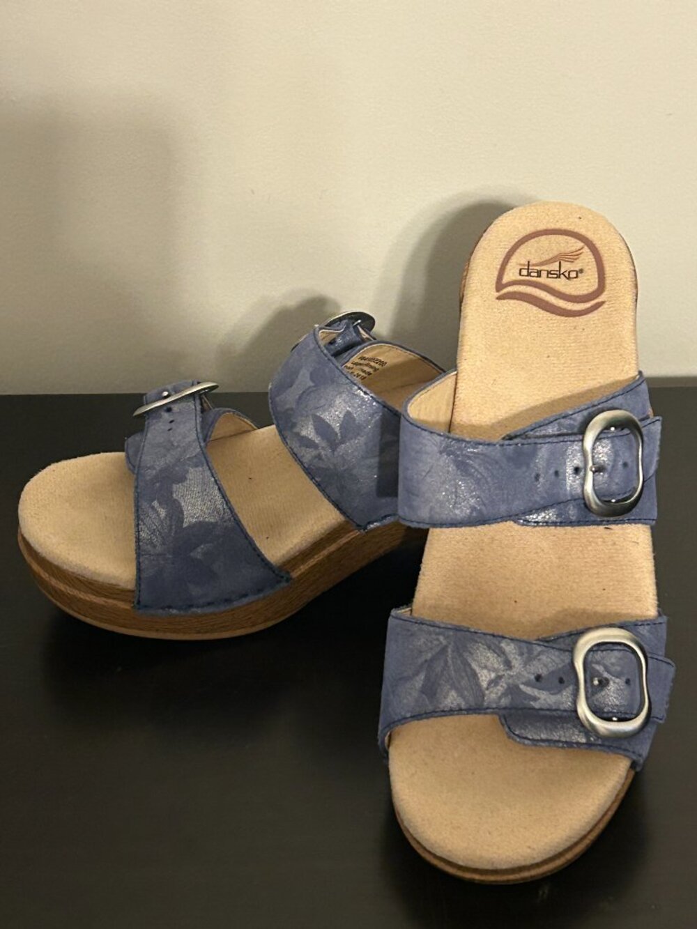 DANSKO Sophie Sz 37 US 6.5- 7 Blue Metallic Floral Leather Slip On Wedge Sandals